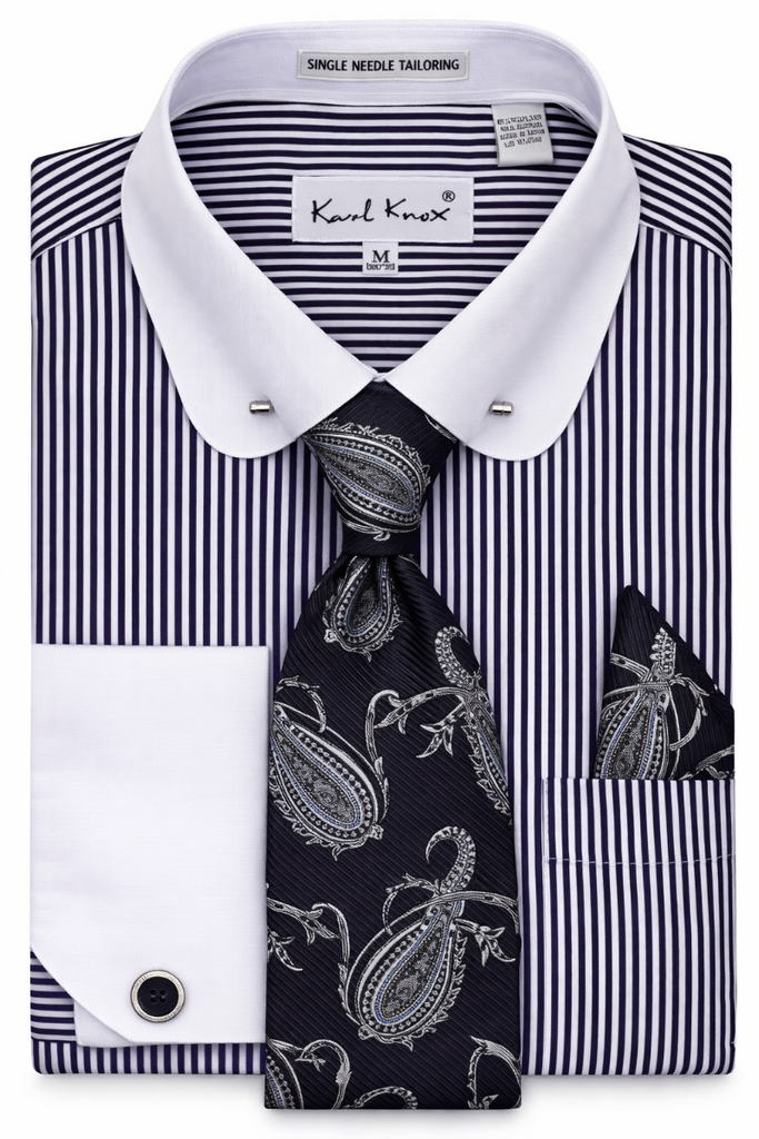 mens pinstripe dress shirt Mens Black White Pinstripe Two-Tone French Cuff Colla Bar Dress Shirt Karl Knox SX4557