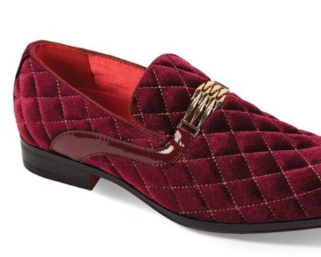 Mens Burgundy Gold Diamond Quilted Velvet Dress Shoes After Midnight 7045