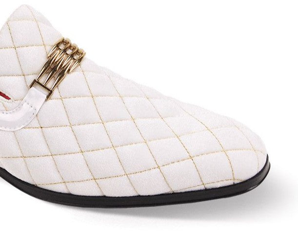 AFTER MIDNIGHT Mens White Quilted Velvet Formal Slip On Loafer Shoes With Gold Buckle & Trim Size 13 AFTER MIDNIGHT Mens White Quilted Velvet Formal Slip On Loafer Shoes With Gold Buckle & Trim Size 13