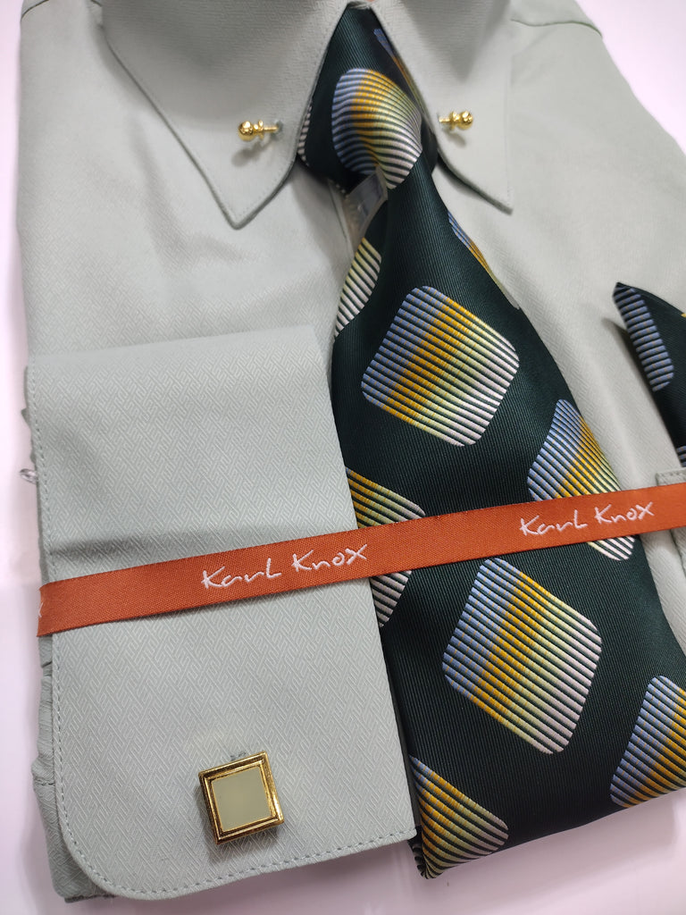 Mens Sage/Light Green Eyelet Collar Bar French Cuff Dress Shirt + Tie | Nader Fashion Las Vegas Mens Sage/Light Green Eyelet Collar Bar French Cuff Dress Shirt + Tie | Nader Fashion Las Vegas