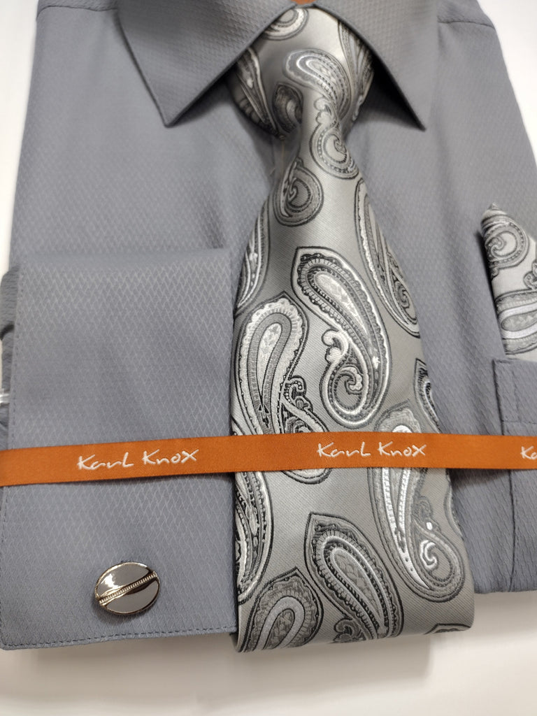 Mens Charcoal Gray Grey French Cuff Dress Shirt + Paisley Tie Karl Knox SX4523 Mens Charcoal Gray Grey French Cuff Dress Shirt + Paisley Tie Karl Knox SX4523