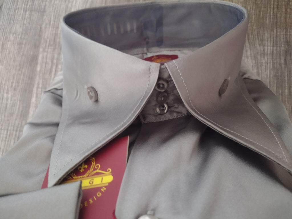 Mens Shiny Charcoal Silver Silky Satin High Collar French Cuff Shirt SANGI SEBASTIAN COLL. 3XL Mens Shiny Charcoal Silver Silky Satin High Collar French Cuff Shirt SANGI SEBASTIAN COLL. 3XL