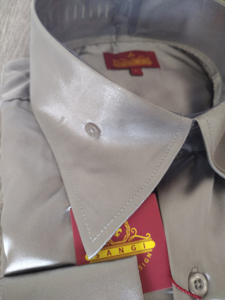 Mens Shiny Charcoal Silver Silky Satin High Collar French Cuff Shirt SANGI SEBASTIAN COLL. Large Mens Shiny Charcoal Silver Silky Satin High Collar French Cuff Shirt SANGI SEBASTIAN COLL. Large