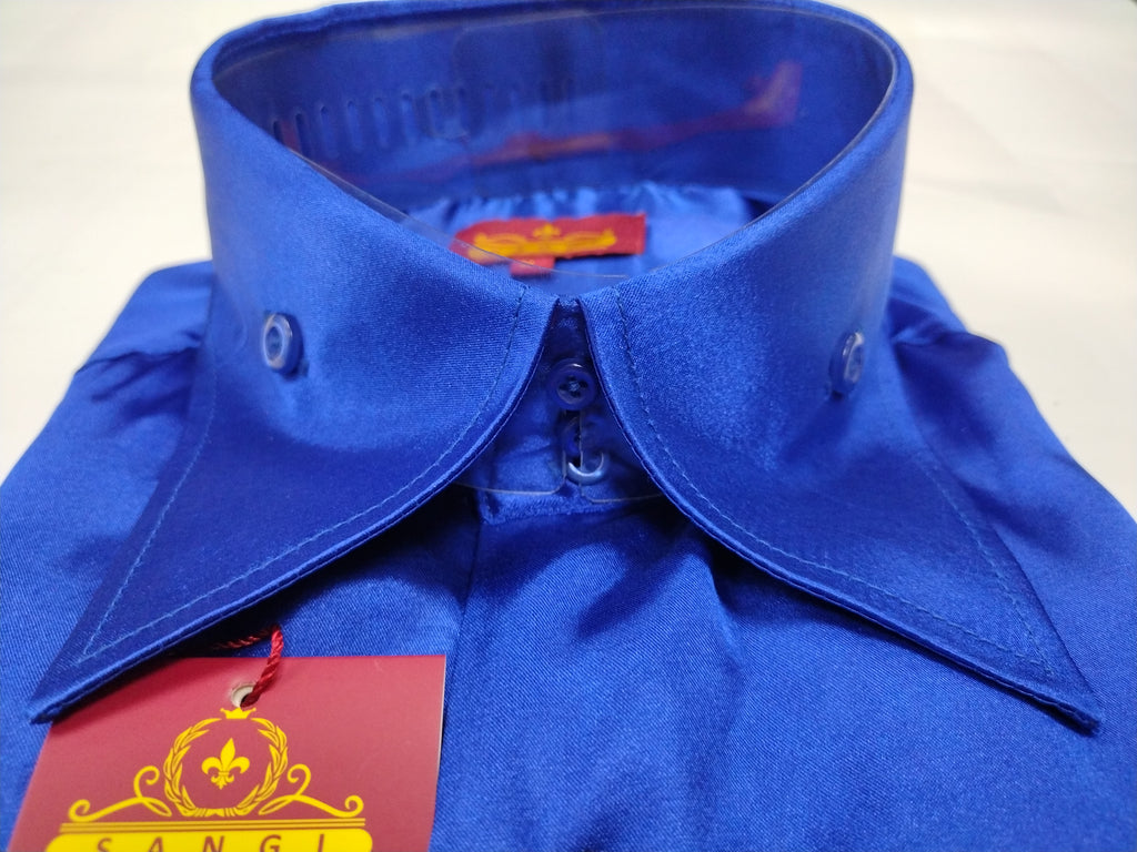 Mens Shiny Electric Royal Blue Silky Satin High Collar French Cuff Shi | Nader Fashion Las Vegas Mens Shiny Electric Royal Blue Silky Satin High Collar French Cuff Shi | Nader Fashion Las Vegas