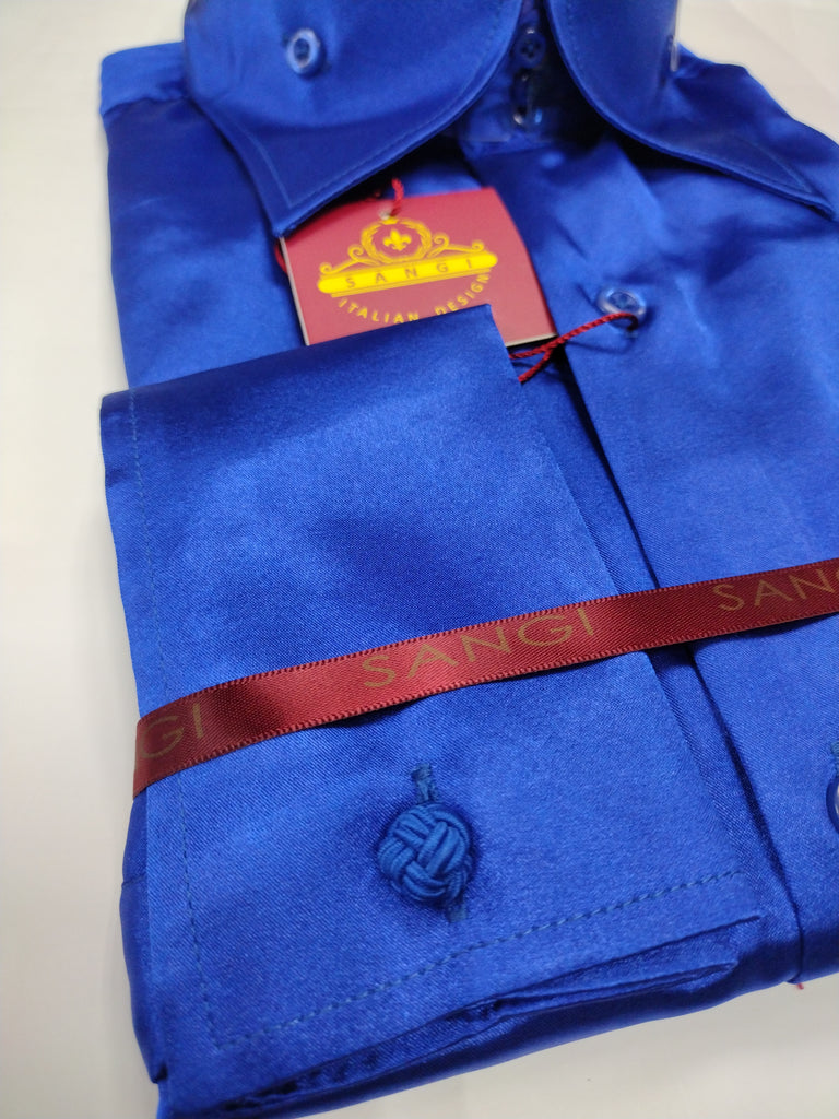 royal blue french cuff dress shirt Mens Royal Blue Shiny Satin High Collar French Cuff Shirt SANGI SEBASTIAN