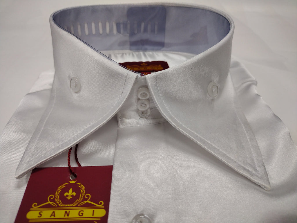 Mens Snow White Silky Satin High Collar French Cuff Shirt SANGI SEBAST Mens Snow White Silky Satin High Collar French Cuff Shirt SANGI SEBAST