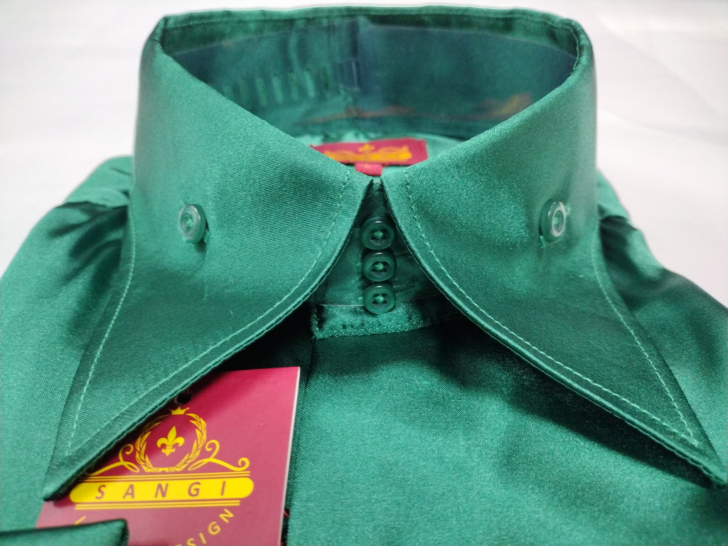 men green dress shirt Mens Shiny Silky Vibrant Green Satin High Collar French Cuff Shirt SANGI SEBASTIAN COLL. Xlarge