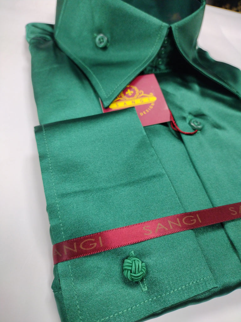 Mens Shiny Silky Vibrant Green Satin High Collar French Cuff Shirt Sangi Sebastian Coll. XLarge Mens Shiny Silky Vibrant Green Satin High Collar French Cuff Shirt Sangi Sebastian Coll. XLarge