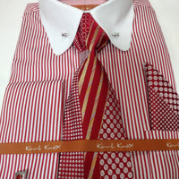 Mens Two Tone Striped Red White Collar + Collar Bar French Cuff Dress Shirt Tie Set Karl Knox SX4517