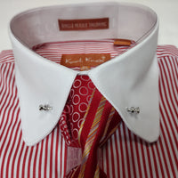 Mens Two Tone Striped Red White Collar + Collar Bar French Cuff Dress Shirt Tie Set Karl Knox SX4517