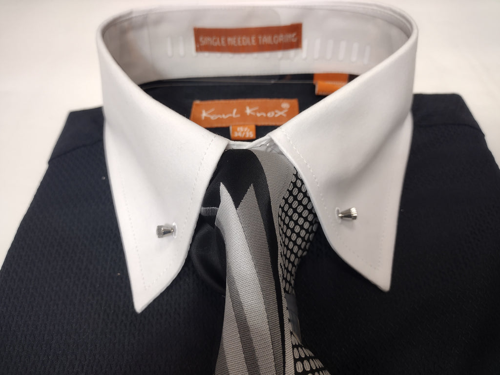 Mens Two Tone Black White Collar + Collar Bar French Cuff Dress Shirt Tie Set Karl Knox SX4521 Mens Two Tone Black White Collar + Collar Bar French Cuff Dress Shirt Tie Set Karl Knox SX4521