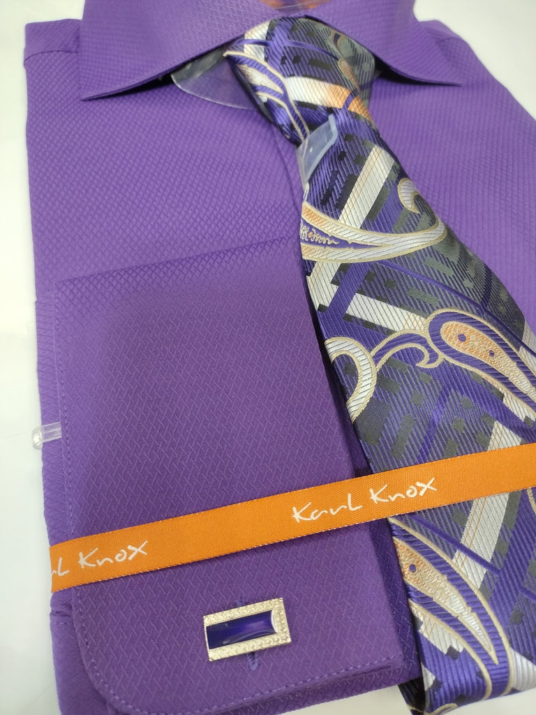 Mens Purple Cutaway Spread Collar Dress Shirt + Paisley Tie Set Karl Knox SX4527 M 15.5" Collar - 34/35" Sleeve Mens Purple Cutaway Spread Collar Dress Shirt + Paisley Tie Set Karl Knox SX4527 M 15.5" Collar - 34/35" Sleeve