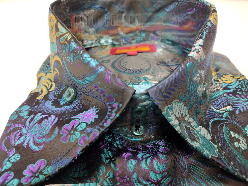 Mens Mardi Gras Purple Teal Bird of Paradise High Collar Jacquard Shirt SANGI SORRENTO COLL. 3024 3XL