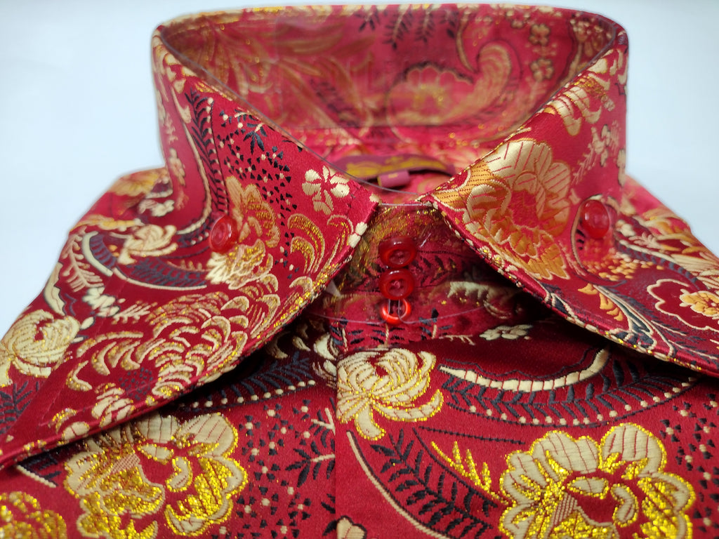 red and gold dress shirt Gold Leaf Foil Velvet Accent Long Sleeve Dress Shirt RED RED / XL