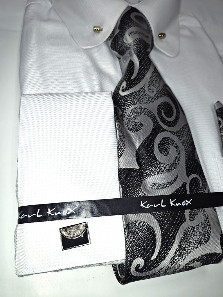 Mens White Eyelet Collar Bar French Cuff Dress Shirt + Tie Set Karl Knox SX4543 L 16.5" Collar - 36/37" Sleeve Mens White Eyelet Collar Bar French Cuff Dress Shirt + Tie Set Karl Knox SX4543 L 16.5" Collar - 36/37" Sleeve
