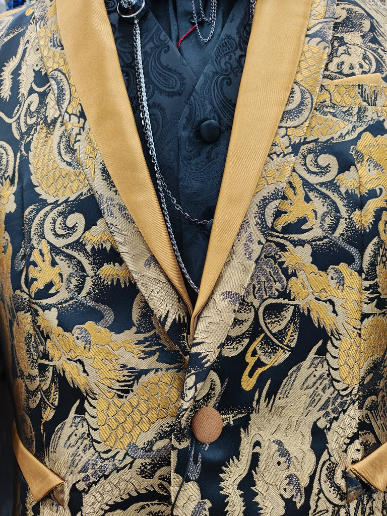 Mens Stunning Gold Dragon Jacquard Formal Dress Jacket BBT3631-1 40 US Suit Jacket - 44 Euro Mens Stunning Gold Dragon Jacquard Formal Dress Jacket BBT3631-1 40 US Suit Jacket - 44 Euro