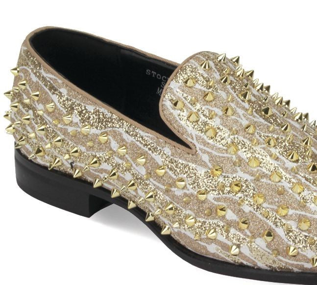 Mens Sparkly Gold Spikes Glitter Formal Dress Loafers Shoes After
