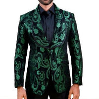Mens Black Bold Green Brocade Paisley Double Lapel Formal Jacket LOUIS VINO LVB11
