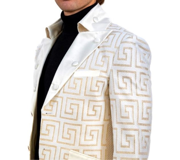 Mens Ivory Gold Glitter Greek Key High Collar New Design Dress Jacket | Nader Fashion Las Vegas Mens Ivory Gold Glitter Greek Key High Collar New Design Dress Jacket | Nader Fashion Las Vegas