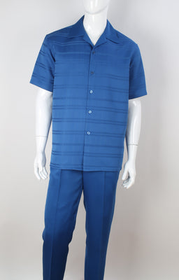 Mens Elegant Bright Blue Summer 2 Piece Shirt + Pants Walking Suit Royal Diamond T2075