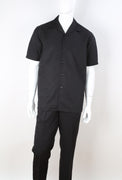 Mens Elegant All Black Summer 2 Piece Shirt + Pants Walking Suit Royal Diamond T2079
