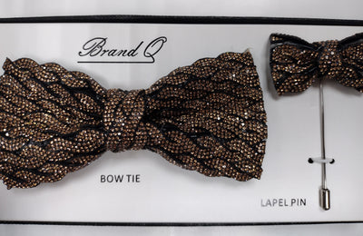 Mens Sparkling Bronze Pretied Bow Tie + Lapel Pin Gorgeous Accessory for Formals, Weddings, Prom