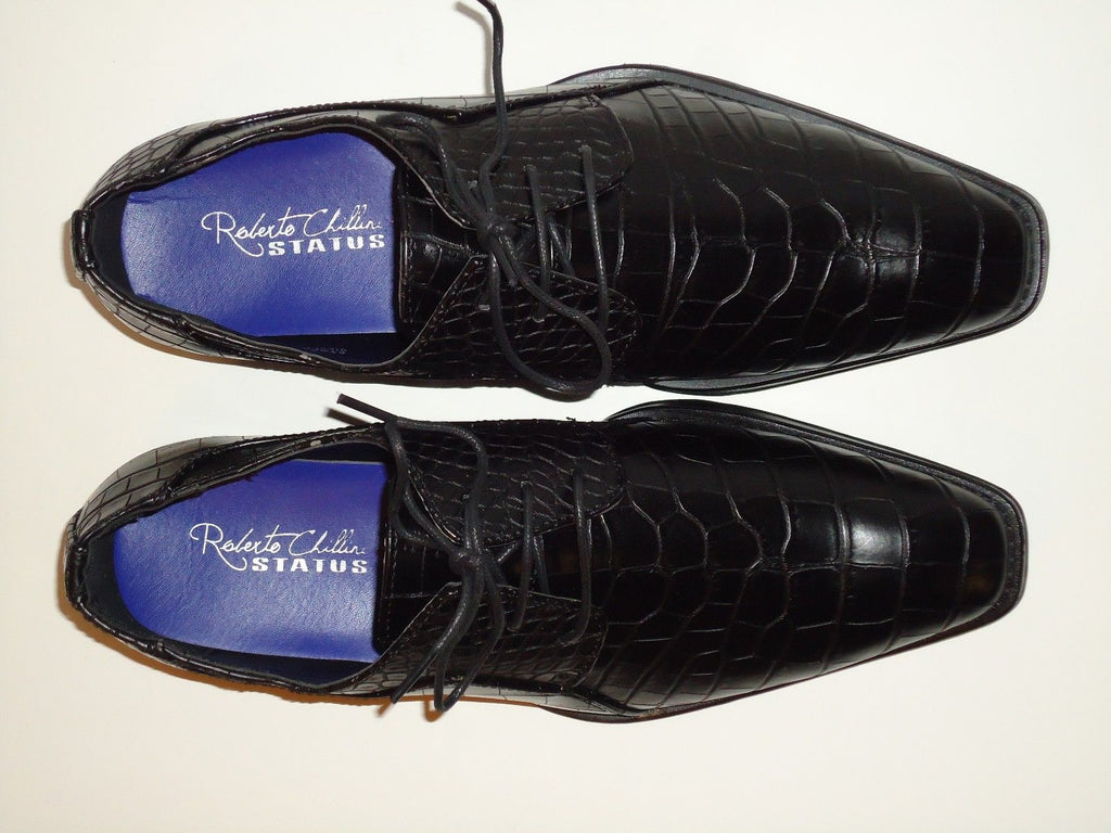 Mens Black Embossed Gator-Look Pointed Toe Dress Shoes Roberto
