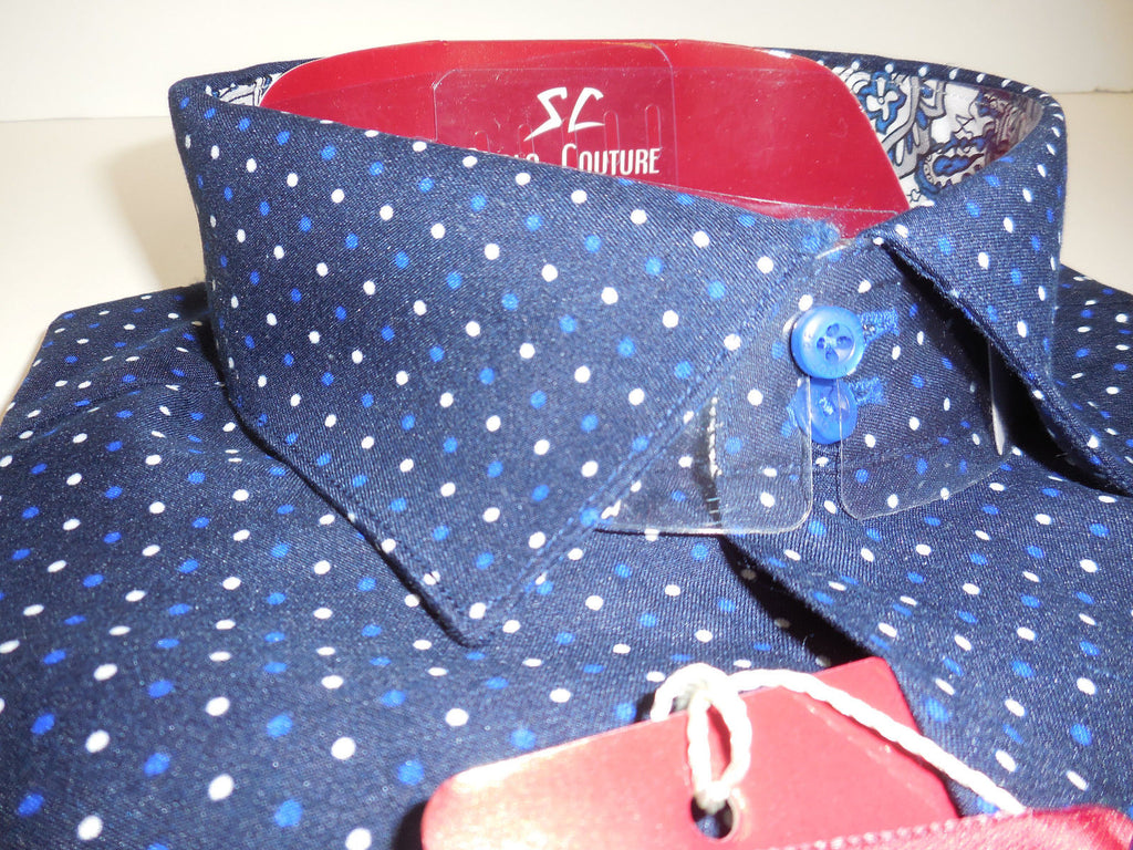 Mens Blue Tiny Polka Dot & Cool Paisley Cuff Modern Fit Shirt Suslo Couture M22 Mens Blue Tiny Polka Dot & Cool Paisley Cuff Modern Fit Shirt Suslo Couture M22