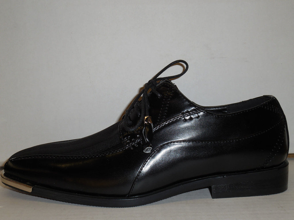 Mens Elegant Formal Black Satin Stripe Silvertip Dress Shoes Expressions 4925