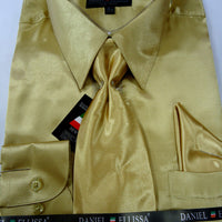 Mens Daniel Ellissa Elegant Gold Shiny Silky Satin Formal Dress Shirt Tie Hanky - Nader Fashion Las Vegas