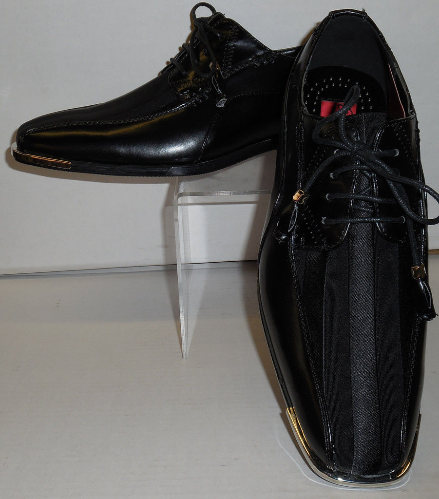 Mens Elegant Formal Black Satin Stripe Silvertip Dress Shoes Expressions 4925 8
