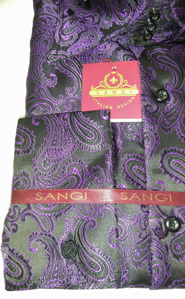 Mens Black Purple Paisley High Collar French Cuff Shirt SANGI