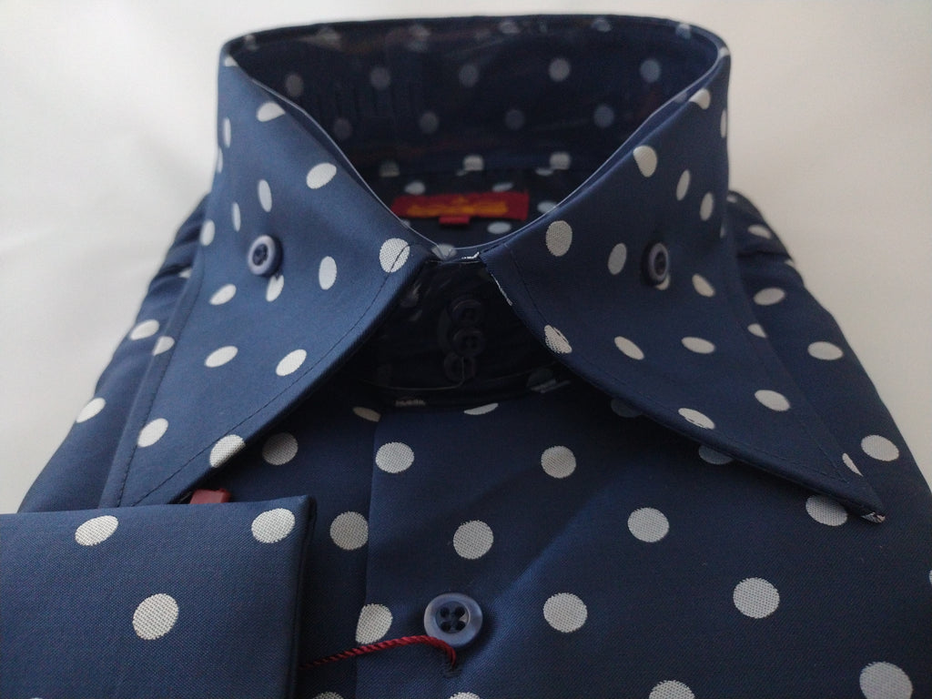 mens navy blue polka dot dress shirt Navy Blue Polka Dots Long Sleeve Men Button Up Shirt, Dark Blue Guys Male Print Buttoned Down Collared Graphic Casual Dress Plus Size Shirt