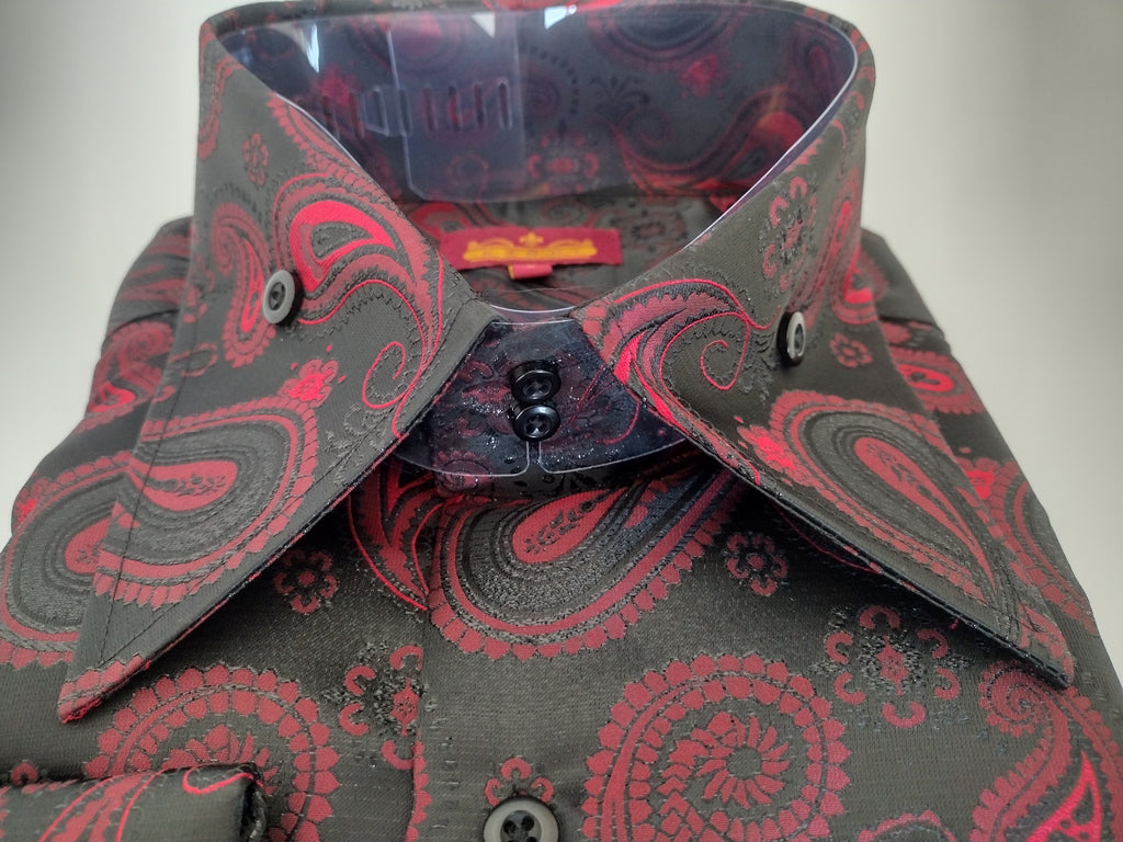 Mens Black Metallic Red 70's Paisley High Collar Shirt SANGI MONACO COLL. 2119 4XL Mens Black Metallic Red 70's Paisley High Collar Shirt SANGI MONACO COLL. 2119 4XL