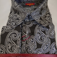 Mens Black Silver Glitter Paisley High Collar F/C Shirt SANGI MONACO COLL. 2122