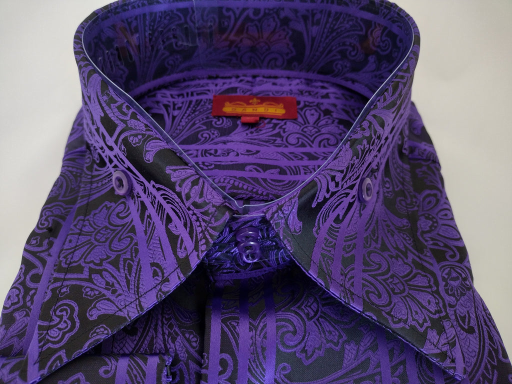 Mens Black Purple Linear Paisley High Collar French Cuff Shirt SANGI MONACO COLL. 2103 Large Mens Black Purple Linear Paisley High Collar French Cuff Shirt SANGI MONACO COLL. 2103 Large