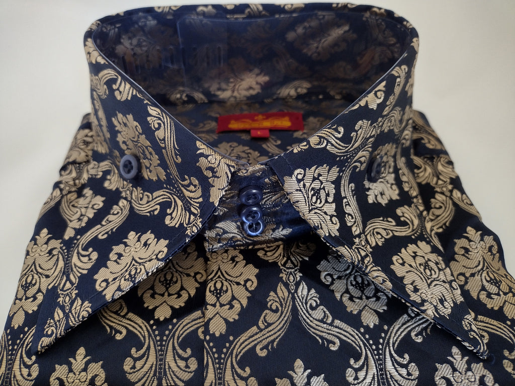 Mens Navy Taupe Gold Damask High Collar FC Jacquard Shirt SANGI MONACO COLL 2112 2XL Mens Navy Taupe Gold Damask High Collar FC Jacquard Shirt SANGI MONACO COLL 2112 2XL