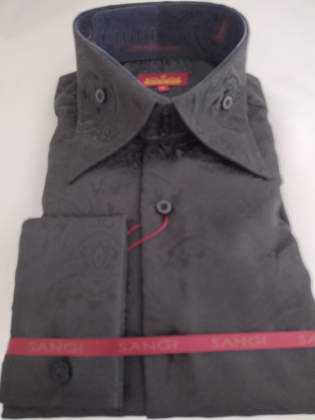 Mens All Black Intricate High Collar French Cuff Shirt SANGI MONACO COLL. 2100