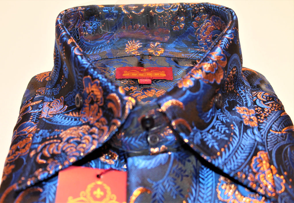 Mens Charcoal Copper Rust Metallic Floral High Collar Shirt SANGI TUSC