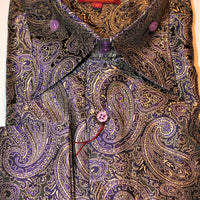 Mens Black Purple Gold Sparkle Paisley High Collar F/C Shirt SANGI TUSCANY P32