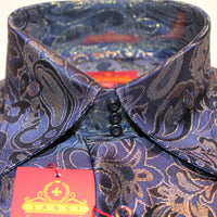 Mens Sophisticated Navy Blue Gold Paisley High Collar FC Shirt SANGI TUSCANY P41