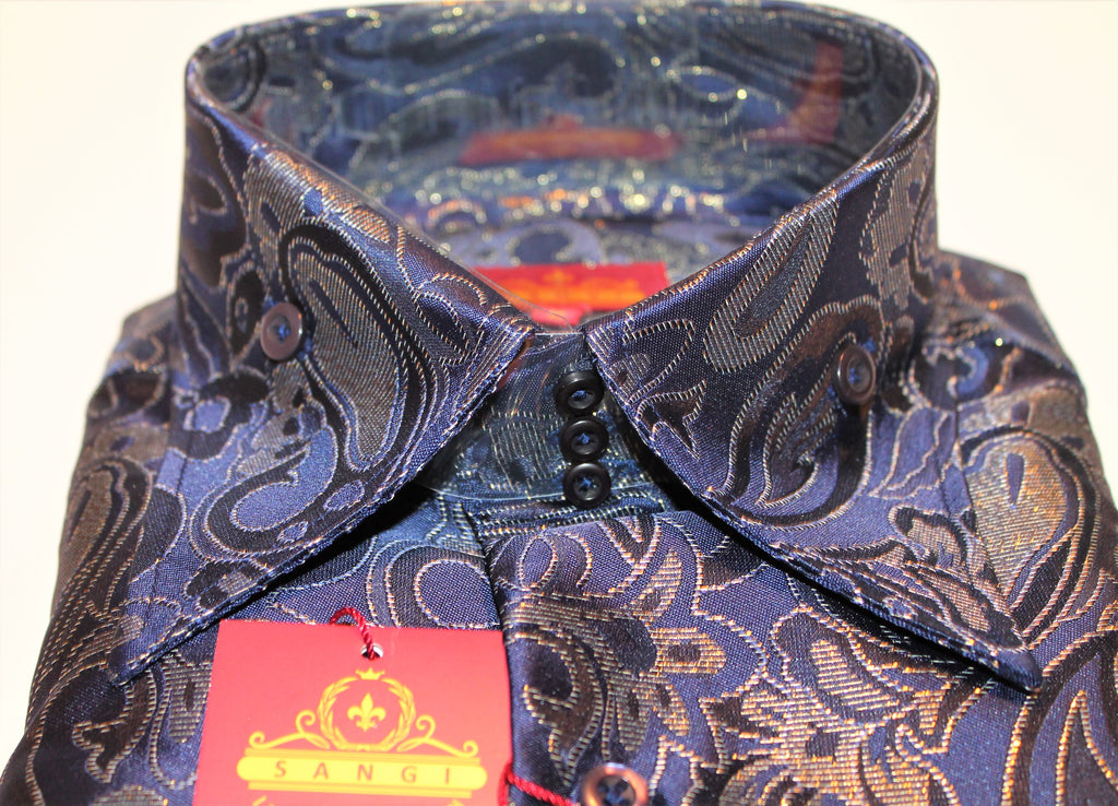 Mens Sophisticated Navy Blue Gold Paisley High Collar FC Shirt SANGI TUSCANY P41 Large Mens Sophisticated Navy Blue Gold Paisley High Collar FC Shirt SANGI TUSCANY P41 Large