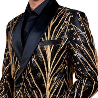 Mens Black Gold Sequin Intricate Design Double Breasted Dress Jacket Blazer LOUIS VINO LVB2