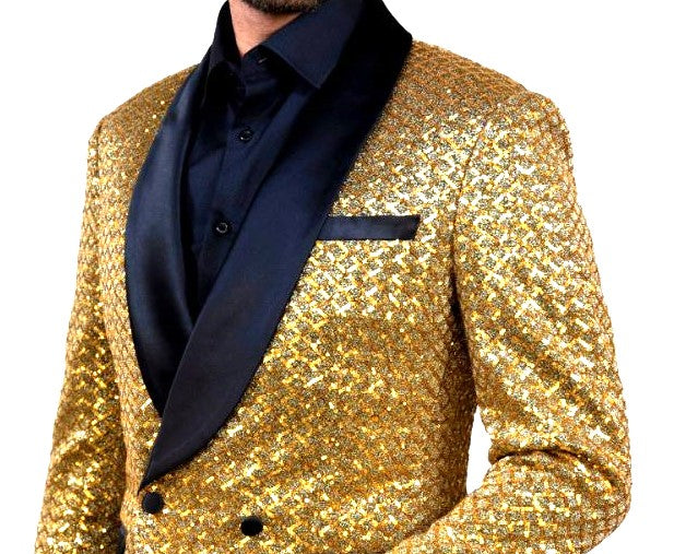 Mens Shiny Gold Sequin Double Breasted Designer Dress Jacket Blazer LOUIS VINO LVB5 Large 42 Slim Fit Jacket Mens Shiny Gold Sequin Double Breasted Designer Dress Jacket Blazer LOUIS VINO LVB5 Large 42 Slim Fit Jacket
