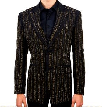 Mens Black Shiny Gold Sparkle Greek Key Designer Dress Jacket Blazer LOUIS VINO LVB7