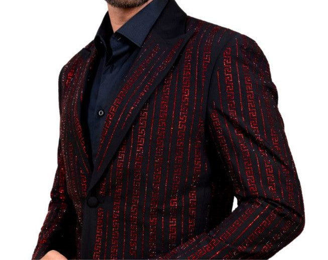 Mens Black Shiny Red Sparkle Greek Key Designer Dress Jacket Blazer Louis Vino LVB7 XLarge 44 Slim Fit Jacket