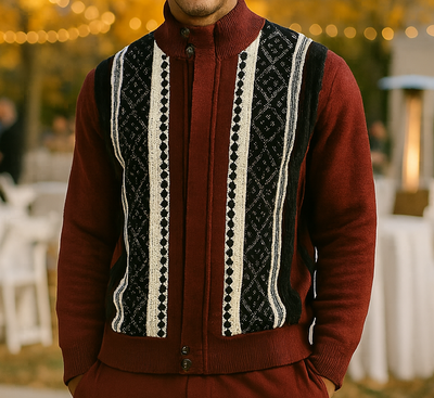 Mens SilverSilk Sophisticated Wine White Blk Knit Zip Jacket 11007