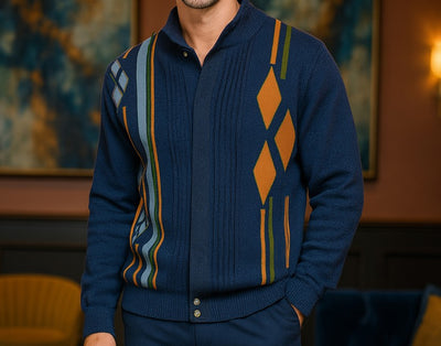 Mens SilverSilk Classy Navy Blue Rust Argyle Knit Zip Jacket w/ Elbow Patch 11009