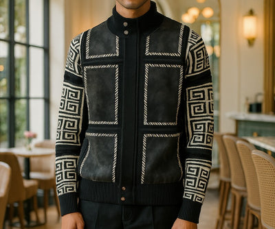 Mens SilverSilk Black White Faux Leather Patch Knit Zip Jacket 11012