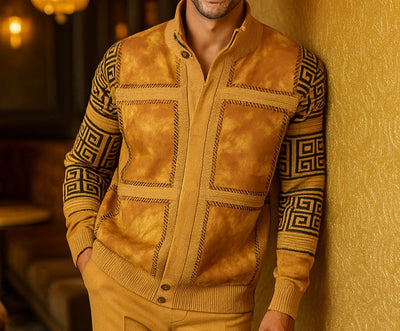 Mens SilverSilk  Mustard Gold Brown Faux Leather Patch Knit Zip Jacket 11012